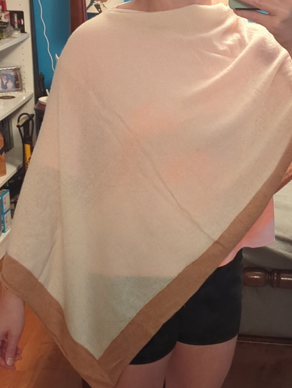 J. Crew Cream and Tan Cashmere Poncho Wrap
